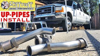 2001 F350 73  RiffRaff UpPipes Install  Stock up pipes leaking and falling apart JUNK SP [upl. by Nessi93]